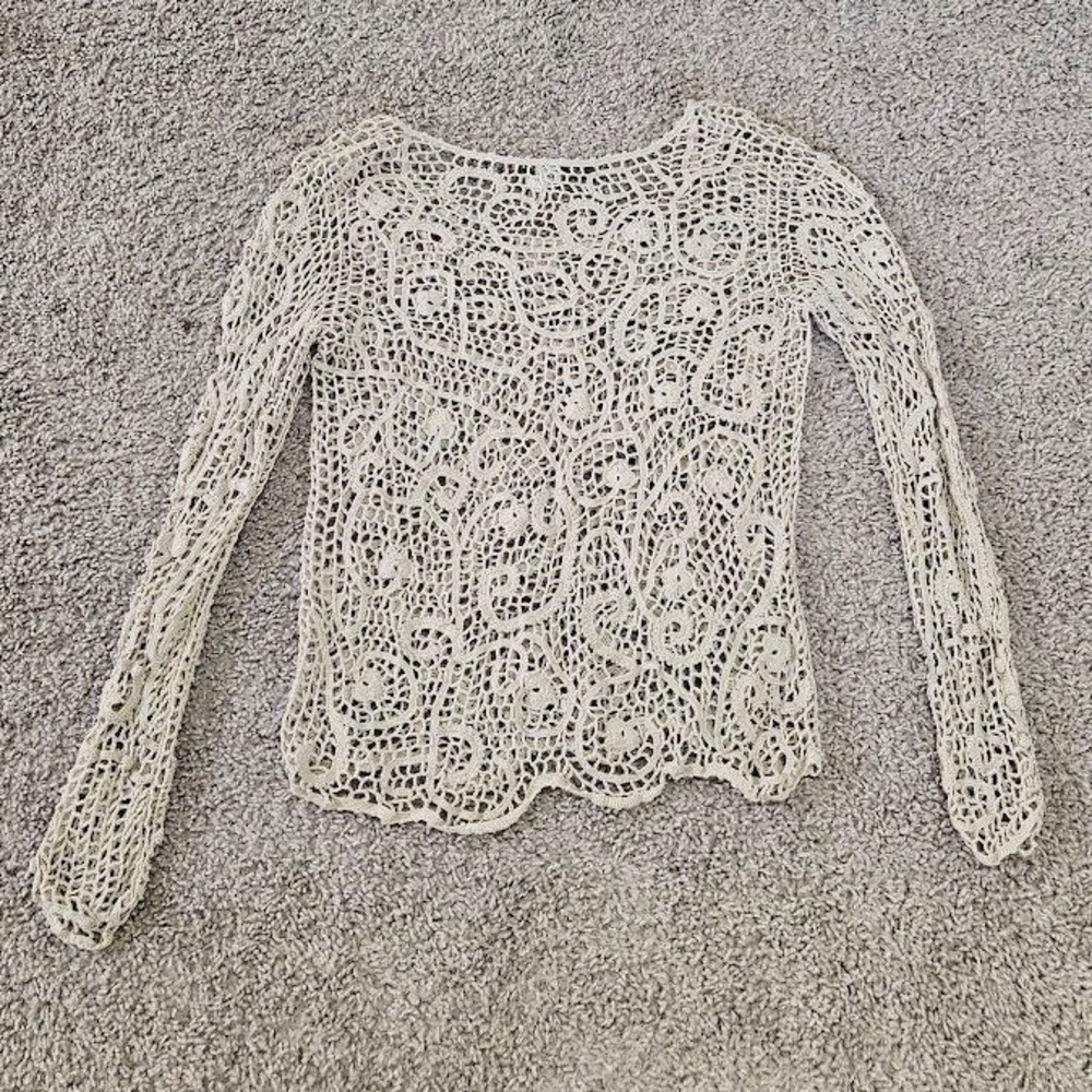Peruvian Connection Pima Cotton Crochet Lace Top Beige Paisley Long Sleeve Small - Picture 6 of 6